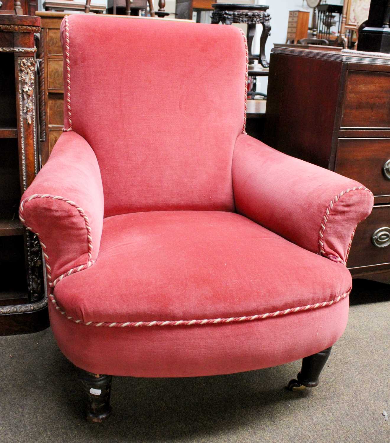 Lot 1352 - A Pink Upholstered Mahogany Framed Armchair,...