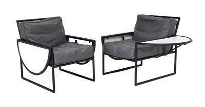 Lot 402 - Two Lounge Chairs, black lacquered tubular...
