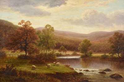 Lot 1073 - William Mellor (1851-1931) Sheep grazing on a...