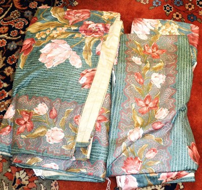 Lot 773 - Three curtains in green with pink floral decoration and a pair of tie backs