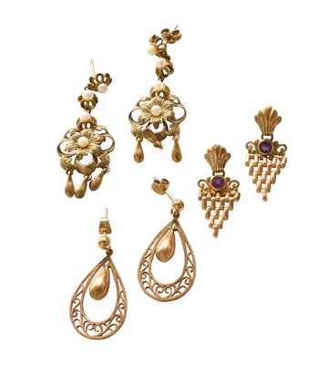 Lot 241 - Three Pairs of 9 Carat Gold Drop Earrings,...