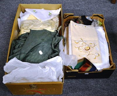 Lot 784 - Assorted linens, costumes, lace trimmings and edges, textiles etc (two boxes)