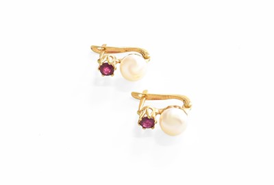 Lot 249 - A Pair of Ruby and Cultured Pearl Earrings,...