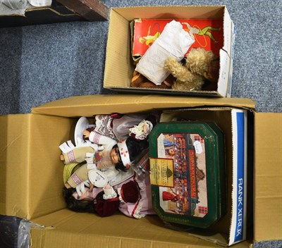 Lot 791 - Various toys including three soft bears, dolls, plastic figures etc (in two boxes)