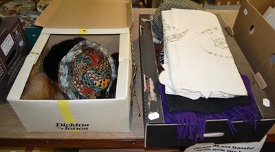 Lot 803 - Assorted 20th century accessories,Pheasant feather hat, Edna Wallace fur hat, wool and silk...