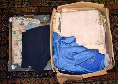 Lot 806 - Assorted printed, embroidered cottons and lengths of fabrics, trims, etc (two boxes)