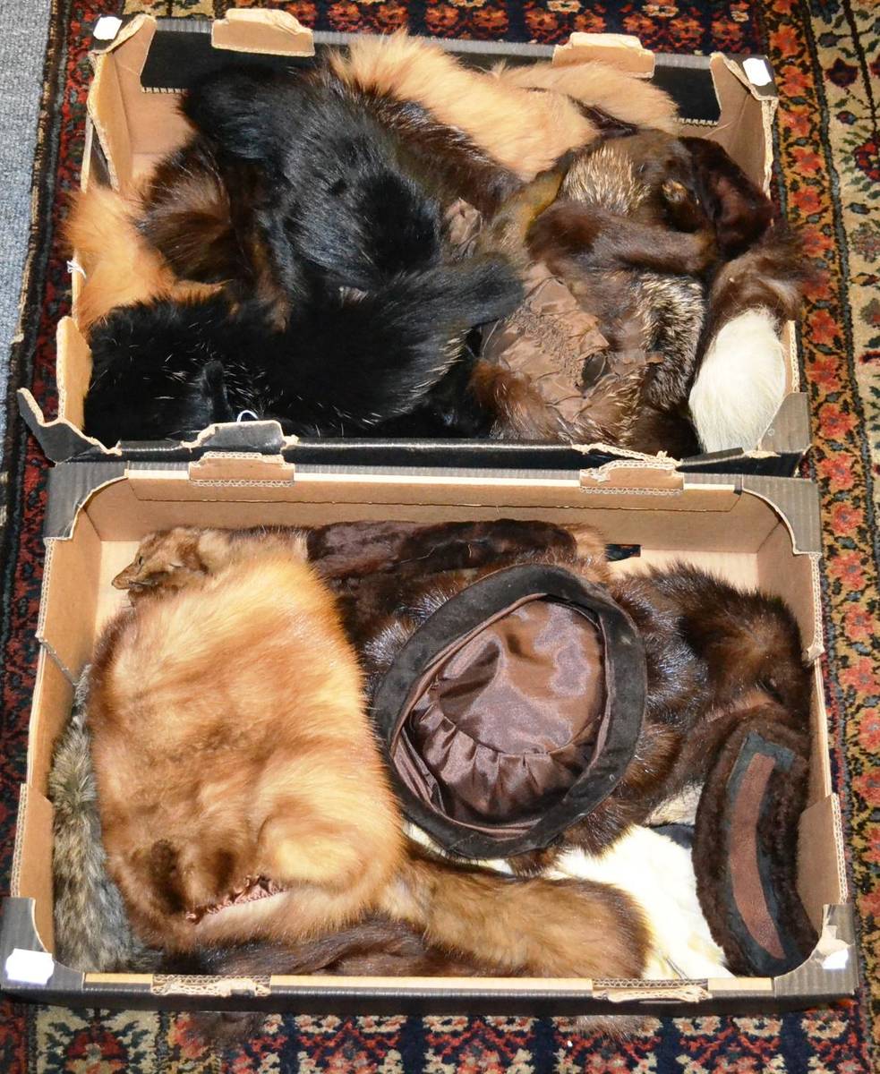 Lot 808 - A double dark fox stole, mink stole, hat, muffs etc (two boxes)