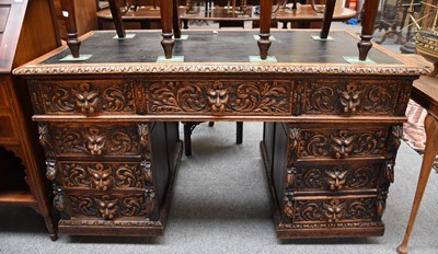 Lot 1221 - A Late Victorian Carved Oak Pedestal Desk,...