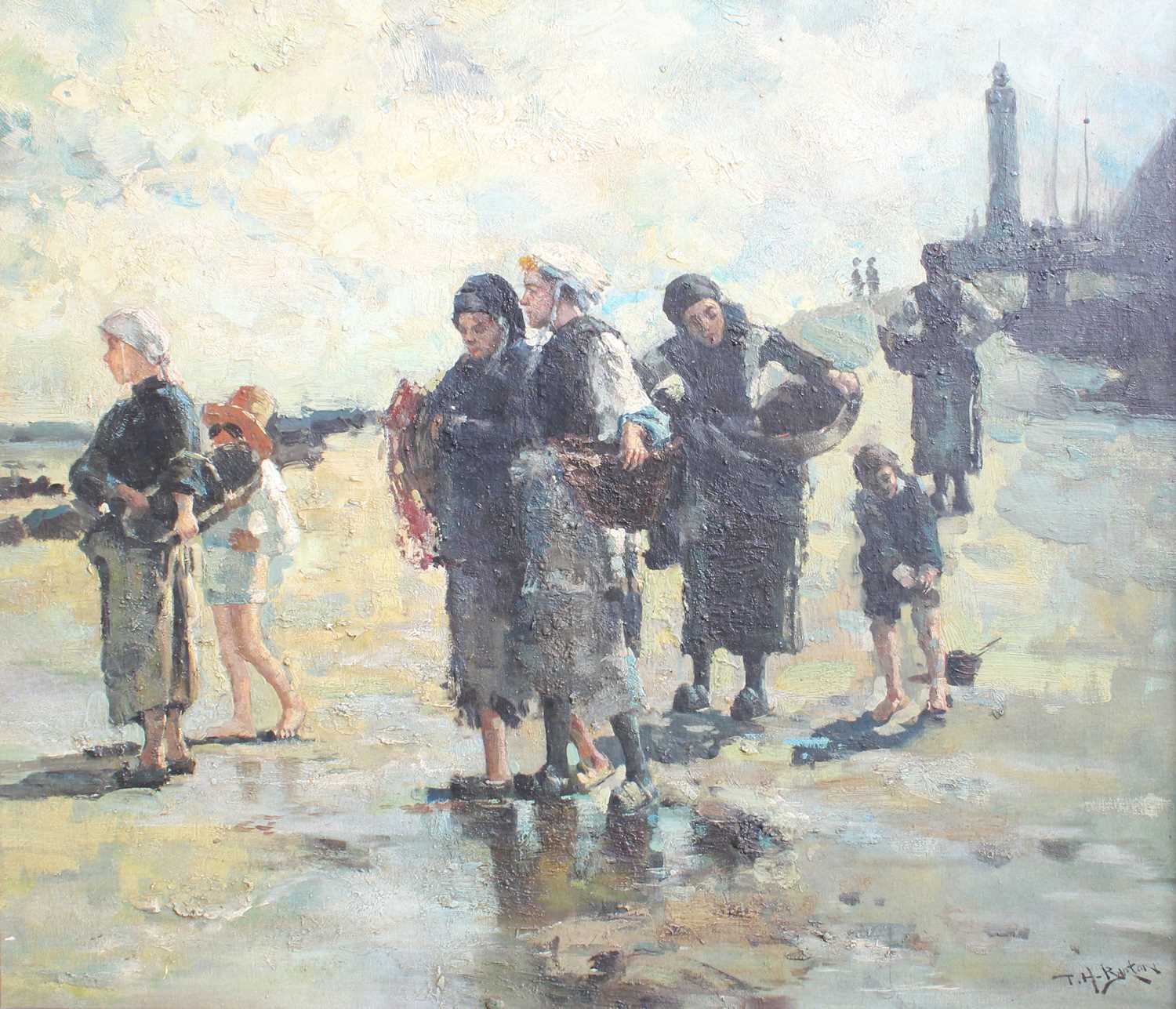 Lot 1185 - T H Rapton (20th Century) Fisherfolk on a...