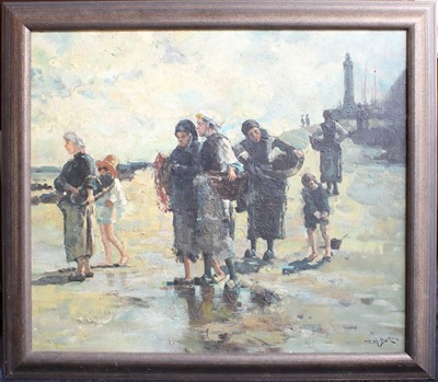 Lot 1185 - T H Rapton (20th Century) Fisherfolk on a...