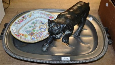 Lot 819 - Japanese bronze figure of a tiger, an 18th/19th century pewter hot water dish and a famille...