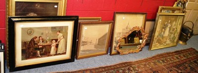 Lot 830 - Seven framed machine tapestries, two mirrors, two prints, woolwork picture and two coal...