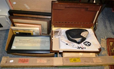 Lot 840 - Two boxes of miscellania including flatware, St John's Ambulance items, a spirit level and...