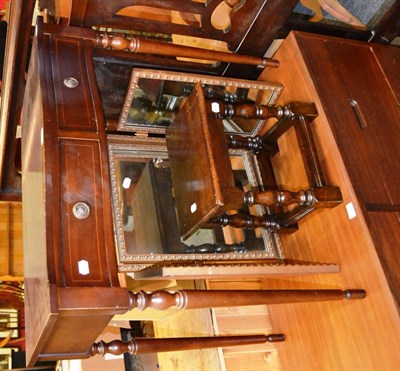 Lot 855 - A reproduction mahogany side table with two drawers, a triptych mirror, oak stool, oak single...