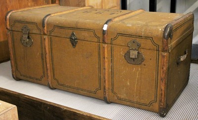 Lot 1173 - A Wooden Bound Canvas Trunk, with stencil...