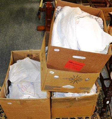 Lot 858 - Quantity of assorted white table linen, bed linen, embroidered textiles, haberdashery etc (four...