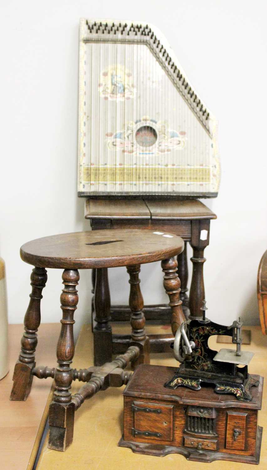 Lot 386 - Two Oak Stools, a harpsicord ''The Mandolin