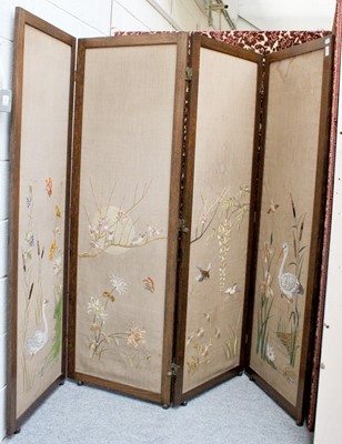 Lot 1187 - An Oak Framed Four Fold Silk Work Screen, each...