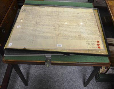 Lot 866 - Vono card table, mahogany trestle table and two framed indentures