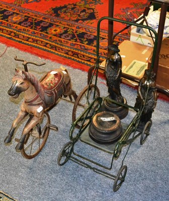 Lot 876 - A pair of bronzed spelter figures of Classical maidens, reproduction horse tricycle and a...