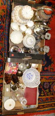 Lot 877 - Two boxes of ceramics, glass and ornamental items including a part tea service, butter churn,...