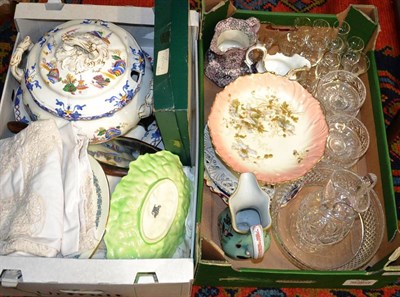 Lot 879 - Two boxes of decorative ceramics and glass, a small quantity of linen, a bowler hat, a straw boater