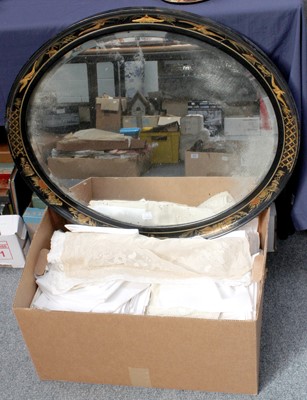 Lot 286 - A Chinoisserie Lacquered Oval Hanging Mirror,...