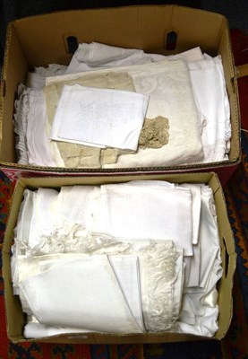 Lot 884 - Assorted white cotton baby dresses, damask cloths, drawn threadwork bed and table linen etc...