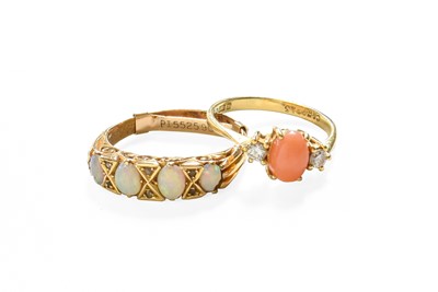 Lot 244 - A 9 Carat Gold Coral and Diamond Three Stone...