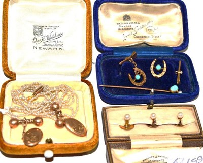 Lot 5 - Turquoise and pearl pin, cufflinks, pearl studs, necklace and a pair of cufflinks