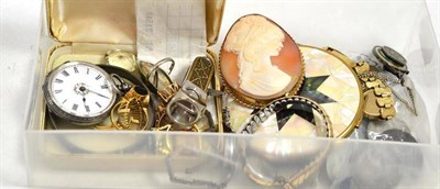 Lot 6 - A large cameo brooch, a silver fob watch and assorted coins, gold rings etc