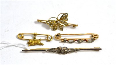 Lot 16 - Two diamond set bar brooches, a seed pearl butterfly brooch and a pig brooch