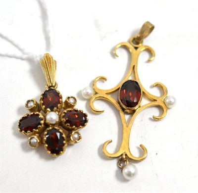 Lot 17 - Two garnet and cultured pearl pendants