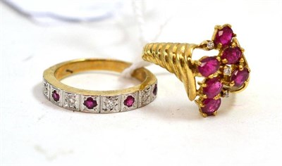 Lot 26 - A 9ct gold ruby and diamond spray cluster ring and a ruby and diamond half hoop ring