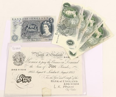 Lot 432 - Bank of England, ‘White’ £5 note 1955, signed...