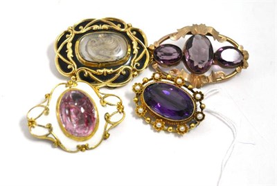 Lot 30 - Four Victorian/early 20th century brooches, including one amethyst and seed pearl set brooch,...