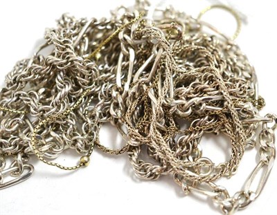 Lot 37 - Four white metal chains including a long length rope twist chain (a.f.), a figaro link chain, a...
