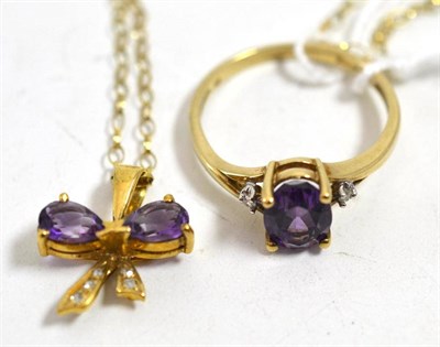 Lot 42 - A 9ct gold amethyst and diamond pendant on chain and a 9ct gold amethyst and diamond ring