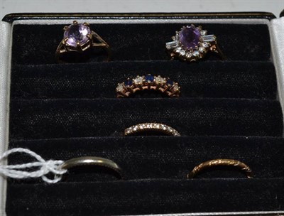 Lot 49 - An 18ct white gold band, a band ring and four 9ct gold stone set dress rings (set with...