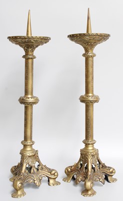 Lot 132 - A Pair of Victorian Brass Candle Pricketts, 54cm