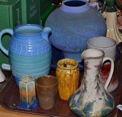 Lot 63 - A Corbridge pottery jug and vase, Ruskin pottery vase, Shelley jug and four other pieces (8)