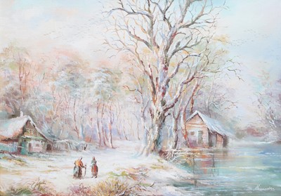 Lot 1125 - B*Alexandre Winter landscape with two figures...