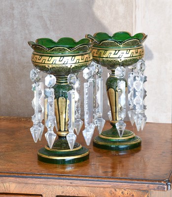 Lot 8 - A Pair of Bohemian Green Glass Table Lustres,...