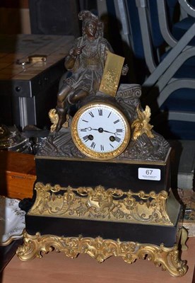 Lot 67 - A late 19th century gilt metal figural mantel clock with key and pendulum
