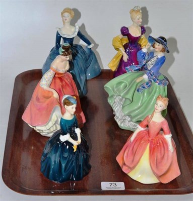 Lot 73 - Six Royal Doulton figures, 'Cherie' HN2341, 'Debbie' HN2400, 'Fair Lady' (coral pink) HN2835,...