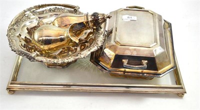 Lot 81 - Silver and glass dressing table tray, silver plated entree dish, basket, caster and jug
