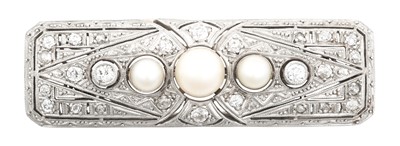 Lot 2317 - An Art Deco Pearl and Diamond Brooch three...