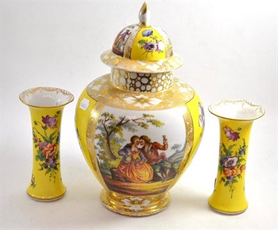 Lot 87 - Continental vase and cover and a pair of Dresden vases