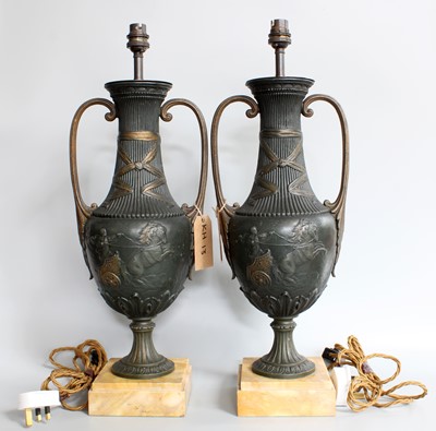 Lot 150 - A Pair of Classical Style Patinated Metal Urn...