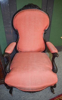 Lot 1445 - A Victorian Ebonised Open Armchair; together...